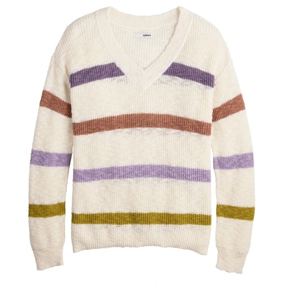 Sonoma Sweaters - Sonoma Plus Size Spring Cream Striped V Neck Cotton Pull Over Sweater Size 3X